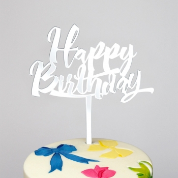 Cake Topper - Happy Birthday - Mirror Silver